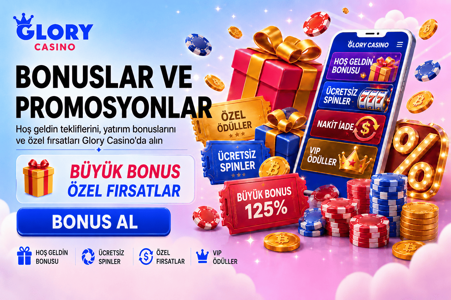 Glory Casino bonus ve promosyon bannerı; hoş geldin bonusu, ücretsiz spinler, nakit iade, VIP ödüller ve hediye kutuları.