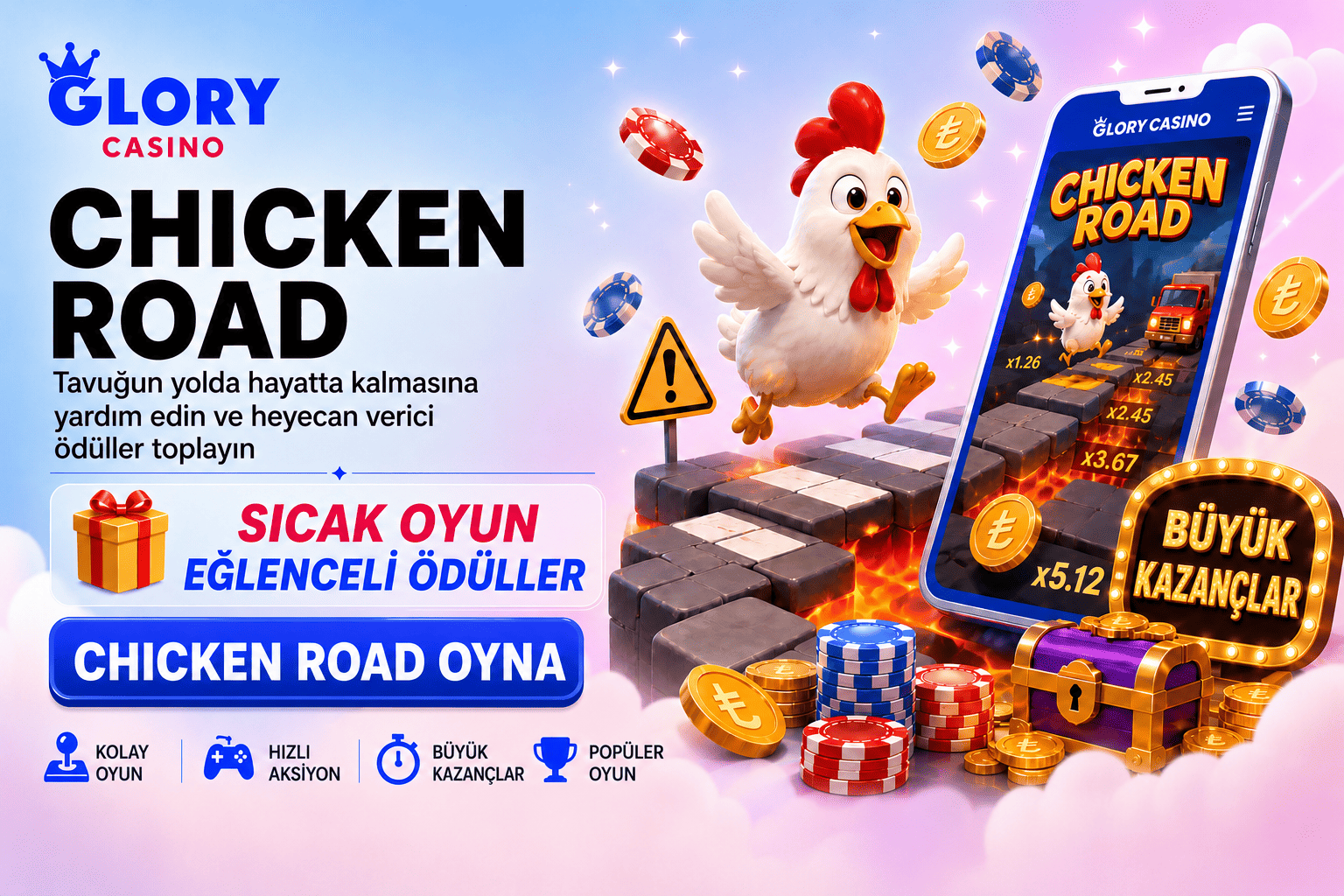 Chicken Road casino oyun bannerı; yolda ilerleyen tavuk, lav yolu, mobil ekran, ödül coinleri ve büyük kazanç tabelası.