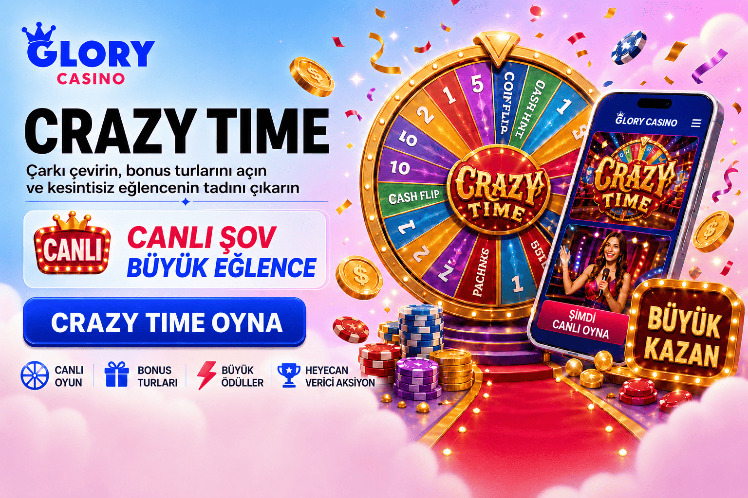 Crazy Time canlı oyun bannerı; renkli çark, canlı şov ekranı, bonus turları, casino fişleri ve büyük kazanç tabelası.