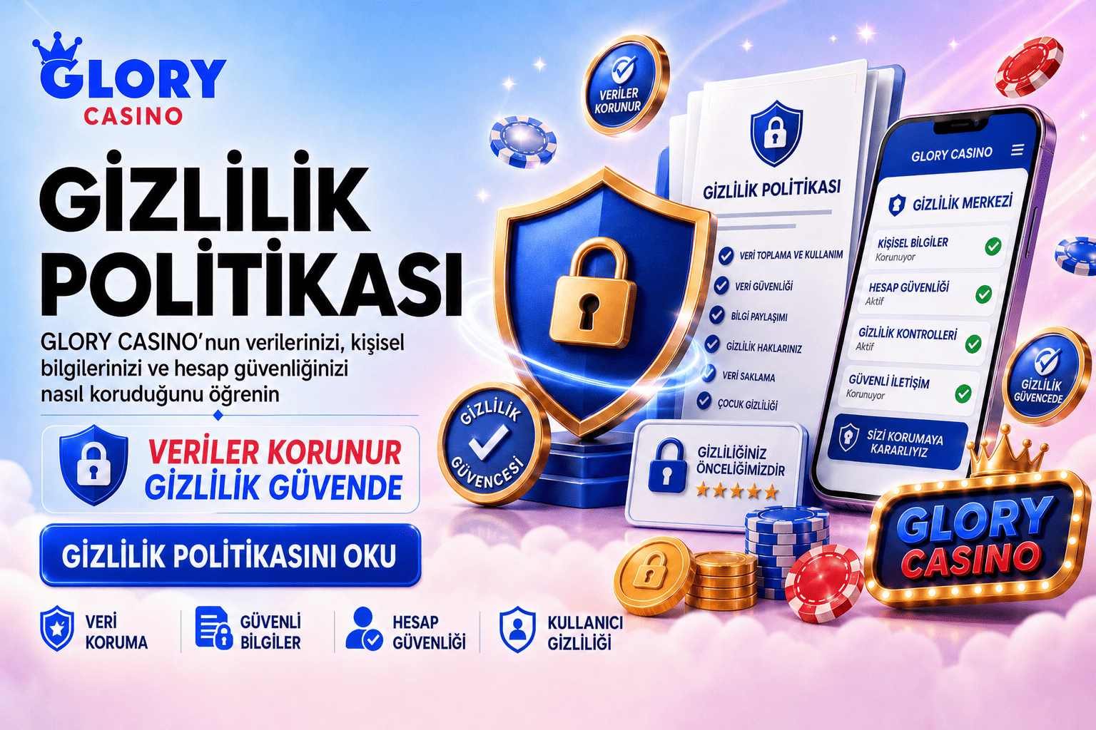 Glory Casino gizlilik politikası bannerı; veri koruma kalkanı, kilit simgesi, gizlilik belgeleri, mobil gizlilik merkezi ve güvenli hesap ikonları.