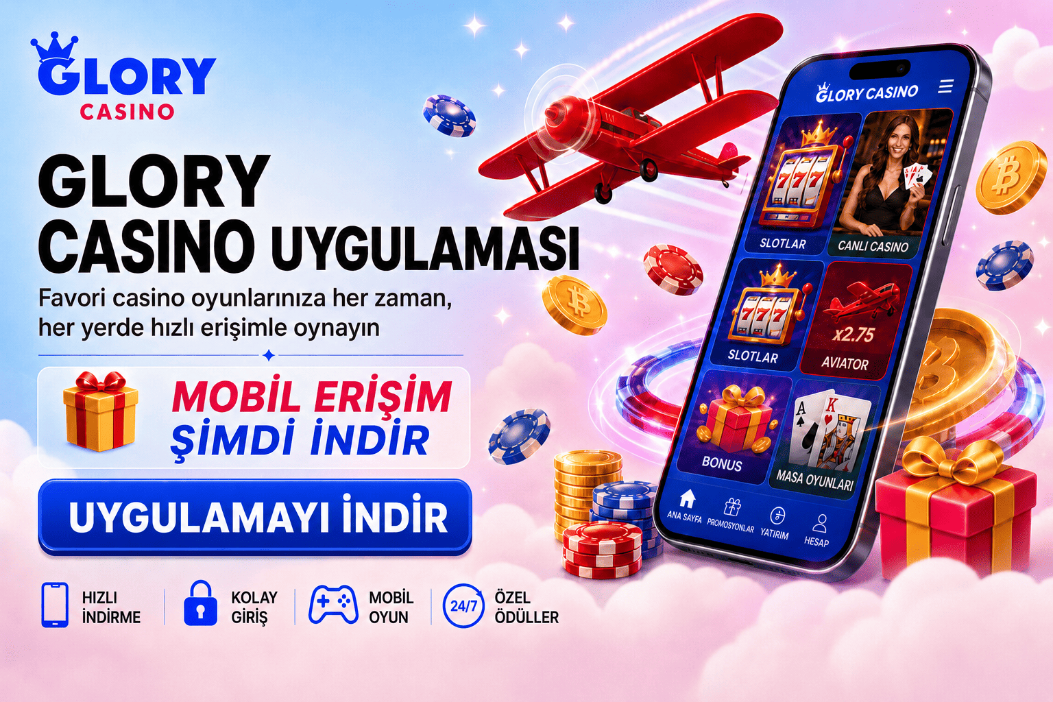 Glory Casino mobil uygulama bannerı; slotlar, canlı casino, Aviator, masa oyunları, bonuslar ve hızlı mobil erişim.