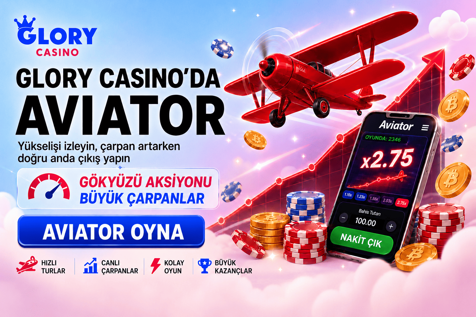 Aviator oyun bannerı; kırmızı uçak, yükselen çarpan, mobil oyun ekranı, casino fişleri ve nakit çık butonu.