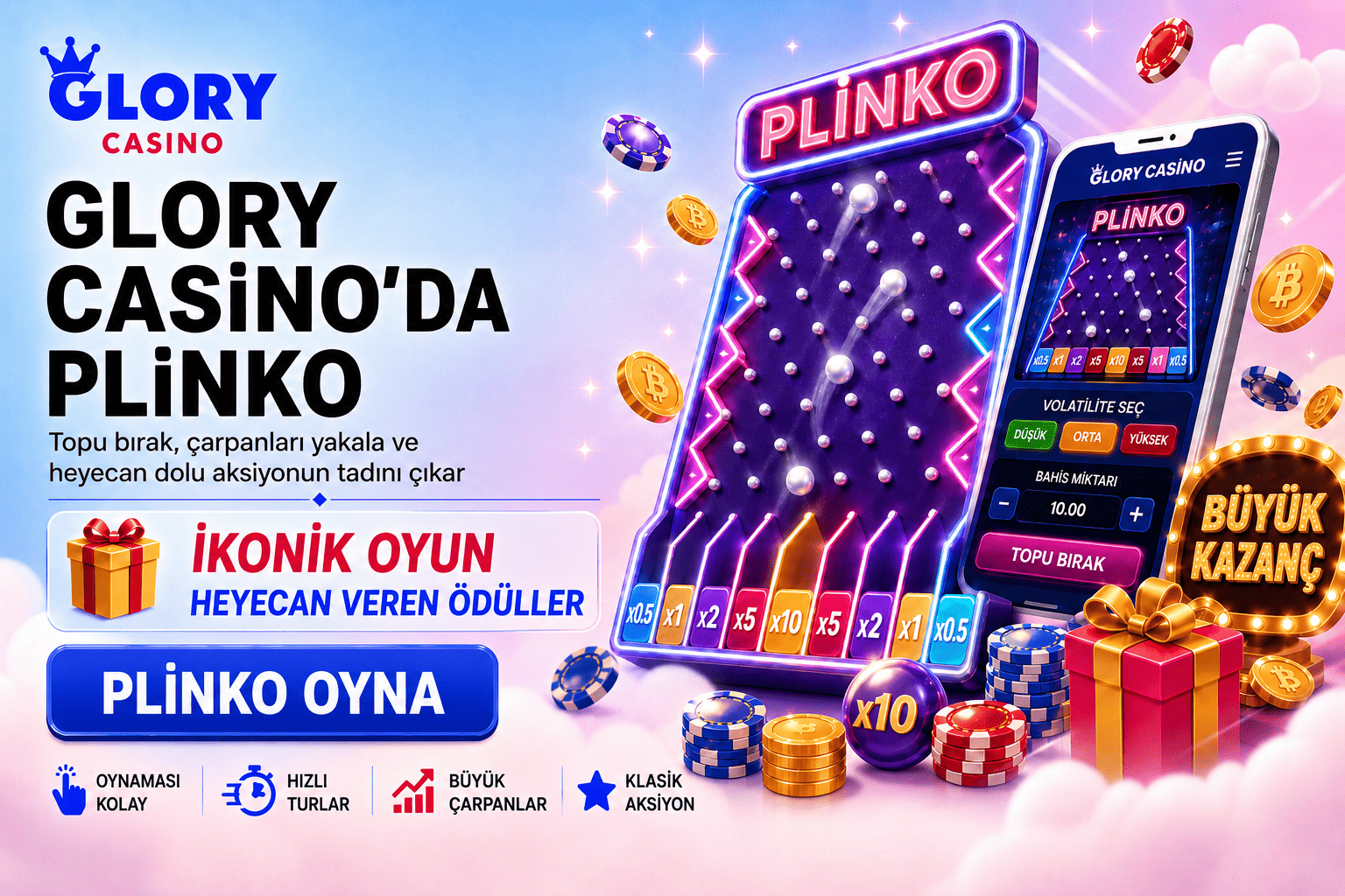 Plinko oyun bannerı; neon Plinko tahtası, çarpan alanları, mobil oyun ekranı, casino fişleri, coinler ve büyük kazanç tabelası.