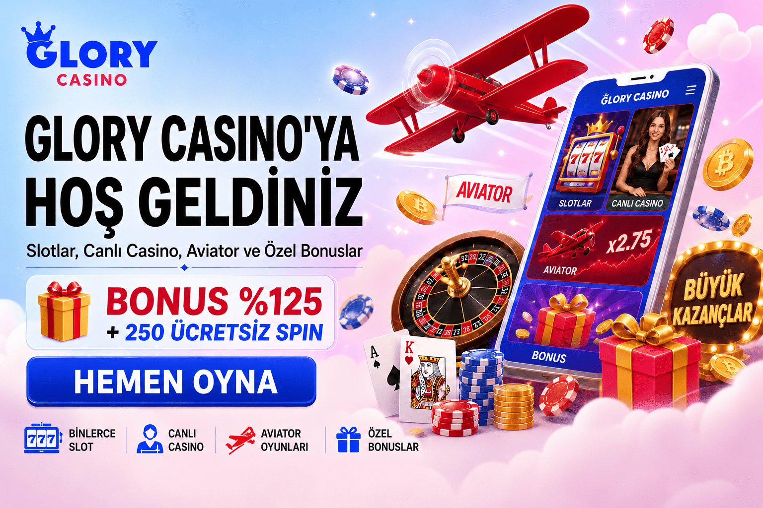 Glory Casino Türkiye hoş geldiniz bannerı; slotlar, canlı casino, Aviator, özel bonuslar, casino fişleri ve mobil oyun ekranı.
