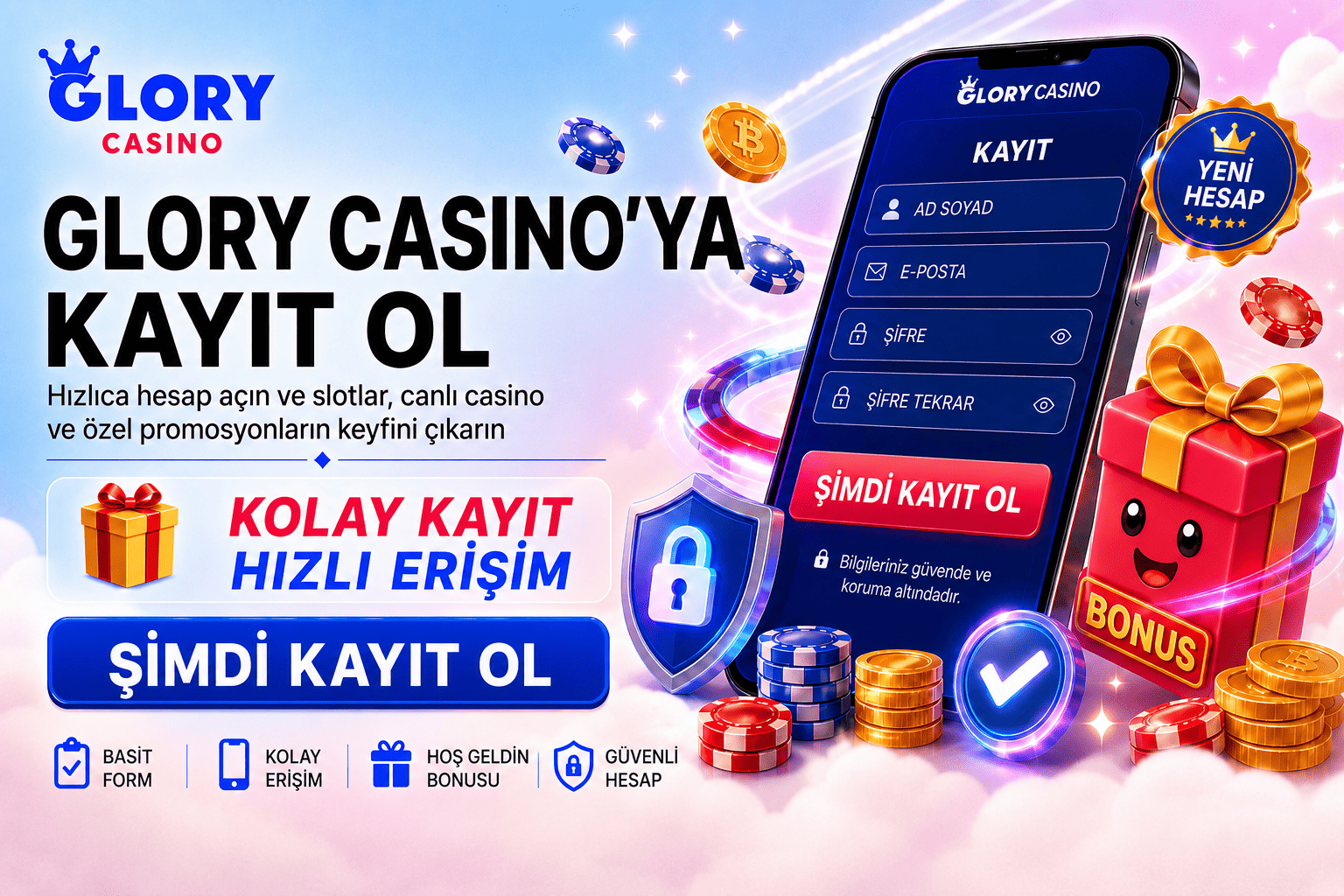 Glory Casino kayıt bannerı; mobil kayıt formu, yeni hesap rozeti, güvenlik kalkanı, bonus hediye kutusu ve şimdi kayıt ol butonu.