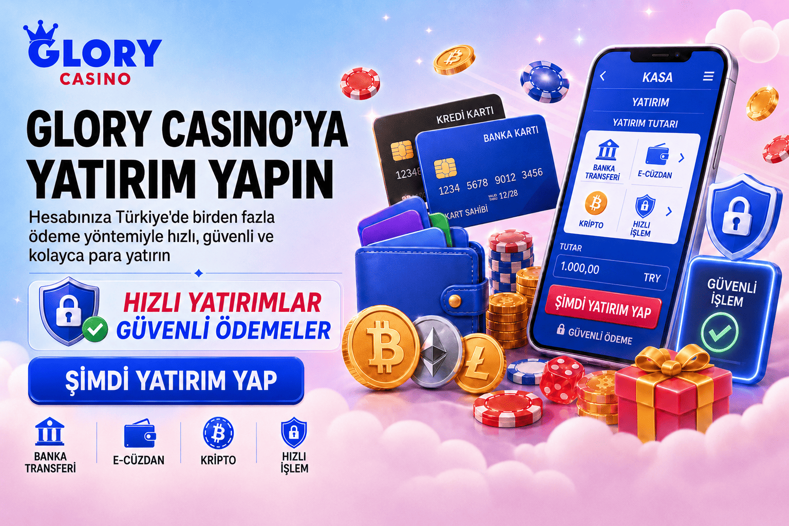 Glory Casino yatırım bannerı; kredi kartı, banka kartı, e-cüzdan, kripto coinler, güvenli işlem ekranı ve TRY ödeme alanı.
