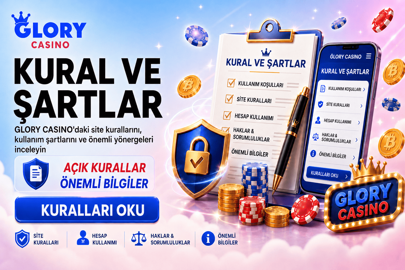 Glory Casino kural ve şartlar bannerı; kontrol listesi, kalem, güvenlik kalkanı, mobil şartlar sayfası ve önemli bilgiler.