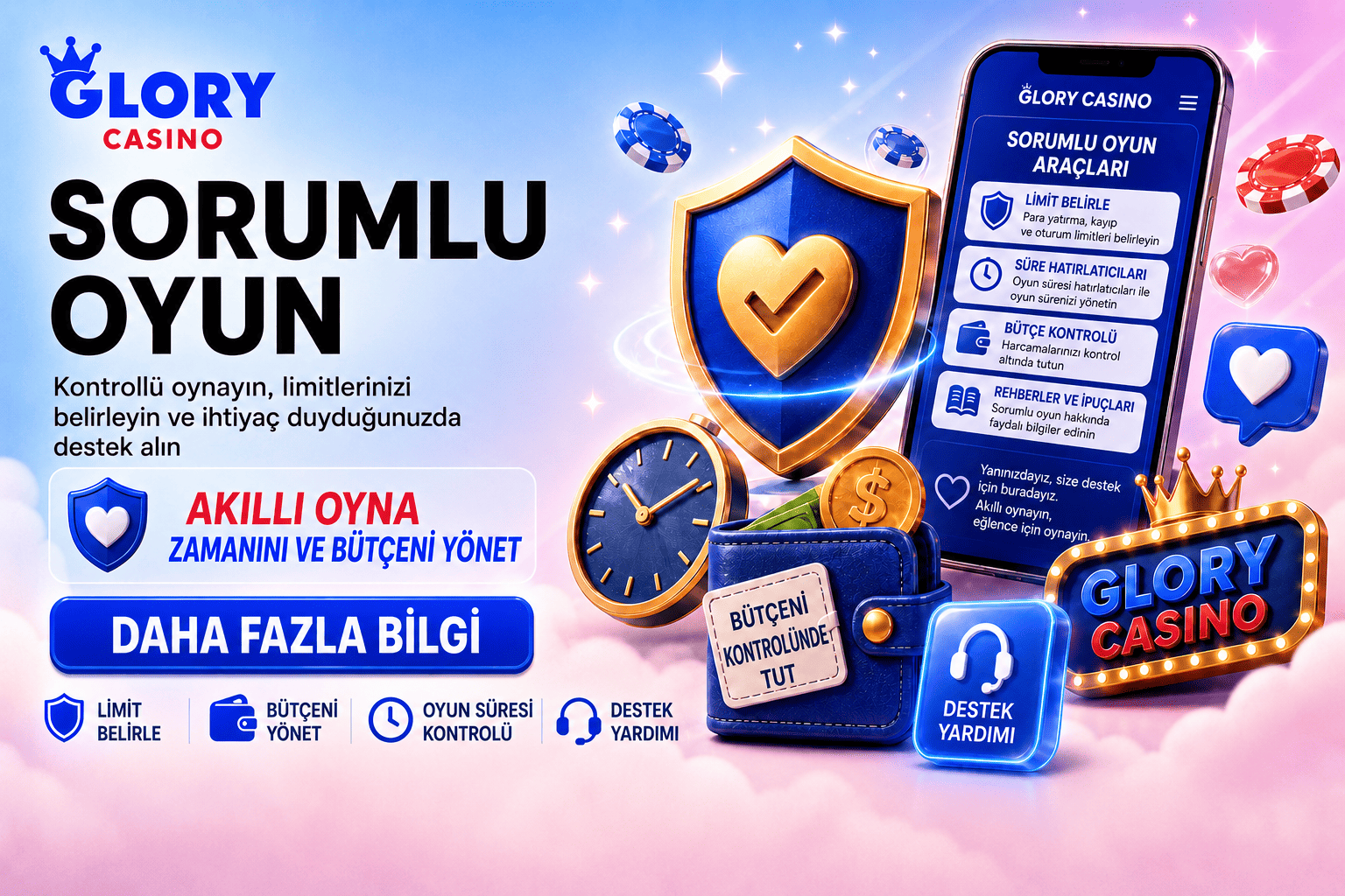 Glory Casino sorumlu oyun bannerı; limit belirleme, bütçe kontrolü, oyun süresi hatırlatıcıları, destek yardımı ve güvenlik kalkanı.